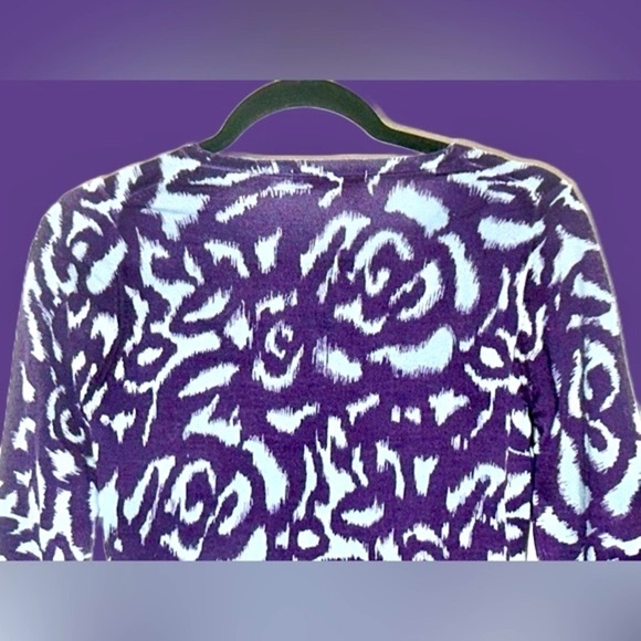 Boden 100% Wool Button-Up Cardigan in Purple & Blue Swirls w/ Suede Placket, 6 - Picture 11 of 16